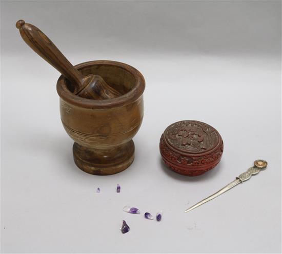 A Scottish silver paper knife, an olivewood pestle and mortar and a box mortar height 14cm